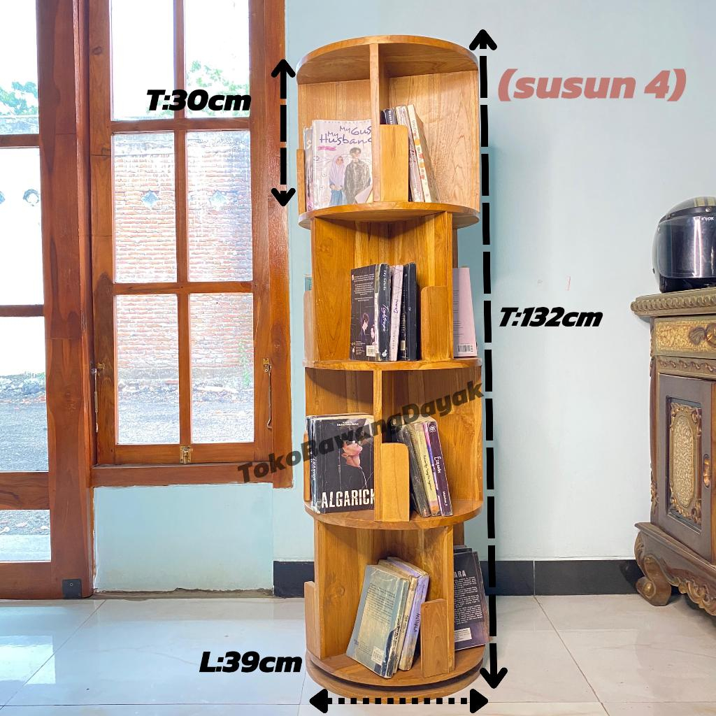 Rak Buku Putar 360 Derajat Rotating Book Shelf kayu jati 4 tingkat serbaguna Dekorasi Ruangan Perpus