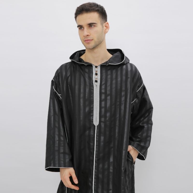 Baju Umroh Gamis Hoodie Djellaba Maroko Jalabah Jubah Kapucong Maroko Pria Polycotton Hitam