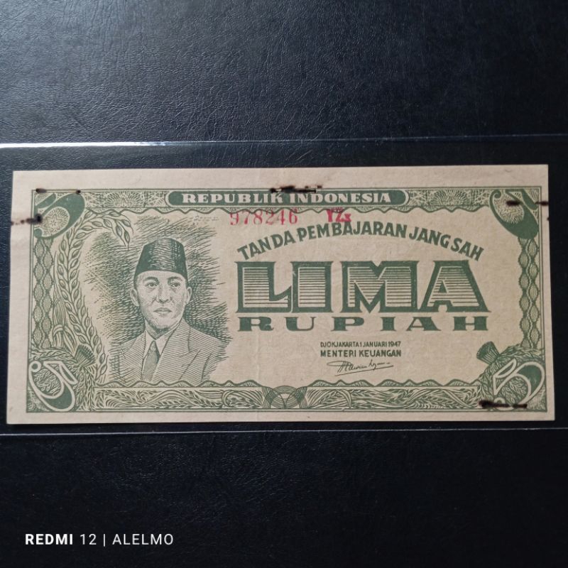 uang kertas 5 rupiah seri ori tahun 1945 bekas