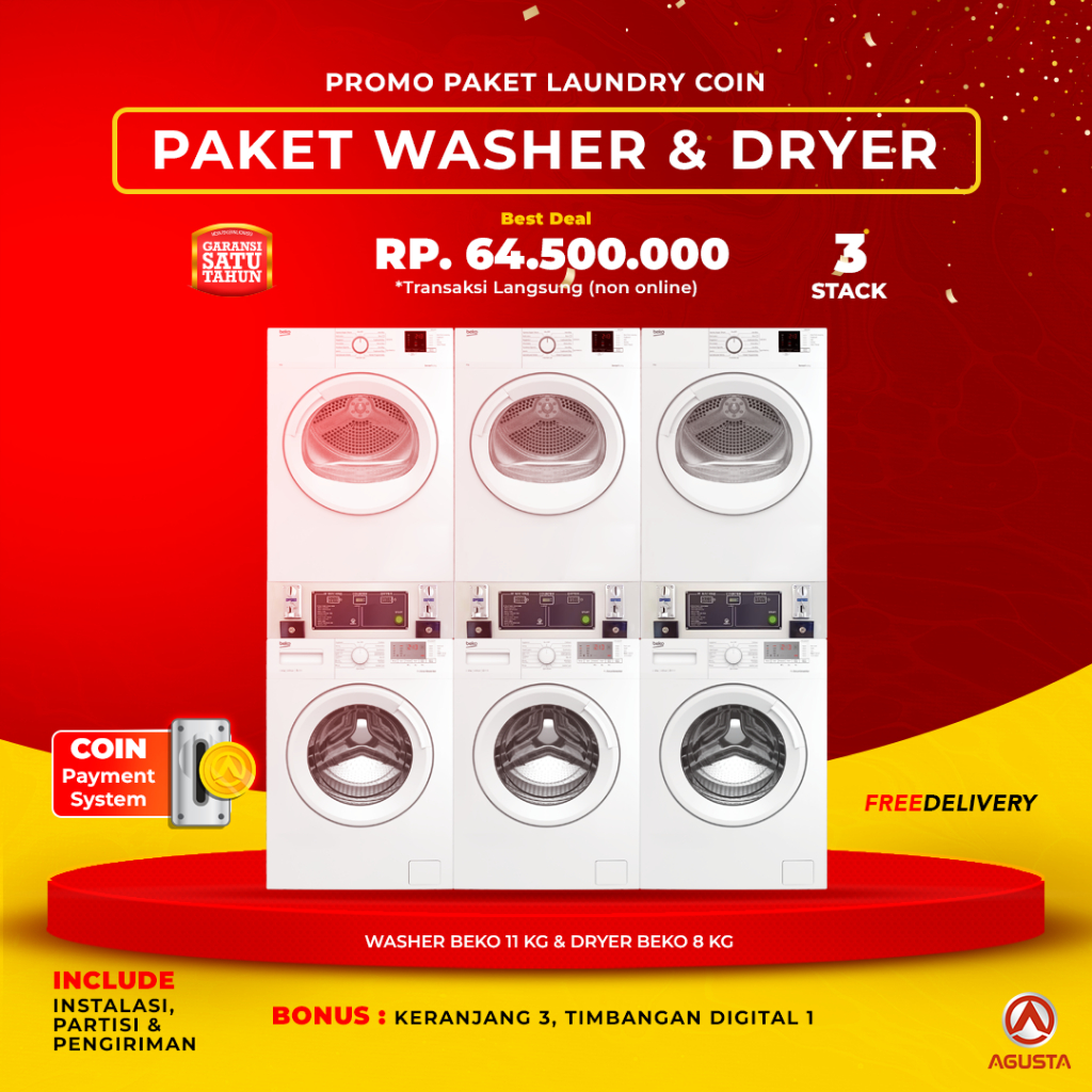 Mesin Laundry Koin Paket 3/4/5 Set Stack Beko Washer 11 kg dan Beko Dryer 8 kg