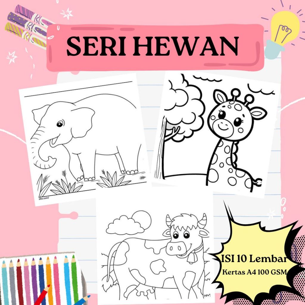 

10 Lembar kertas mewarnai anak ukuran A4 100 gsm seri Hewan