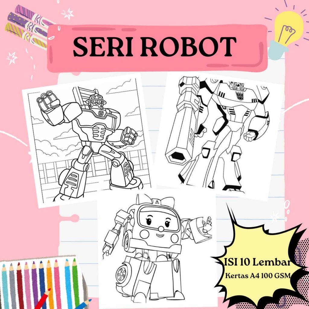 

10 Lembar kertas mewarnai anak ukuran A4 100 gsm seri Robot