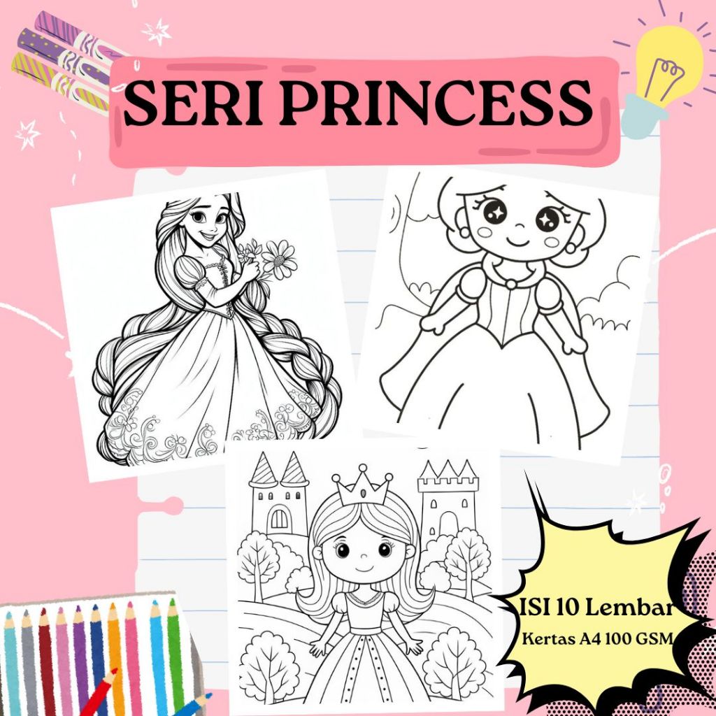 

10 Lembar kertas mewarnai anak ukuran A4 100 gsm seri Princess