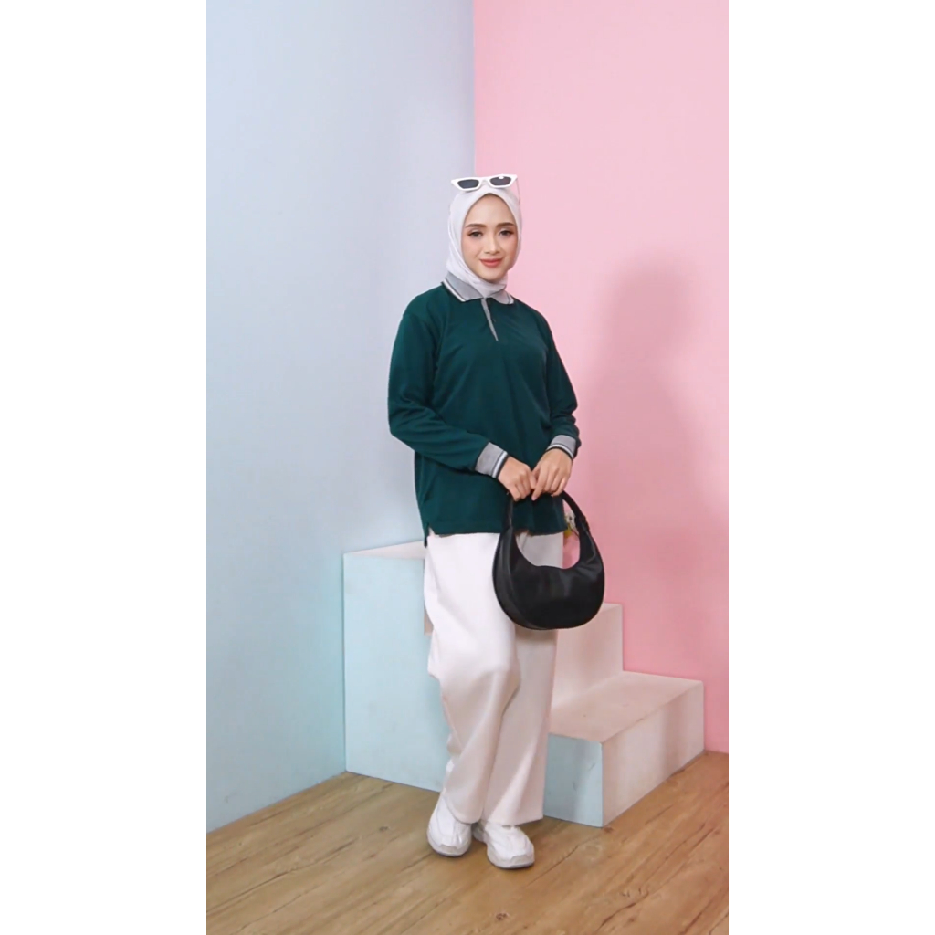 Kaos Polo / Poloshirt / Kerah Kancing / Hijau botol Kerah Abu / Lengan Panjang / Bordir dan Sablon