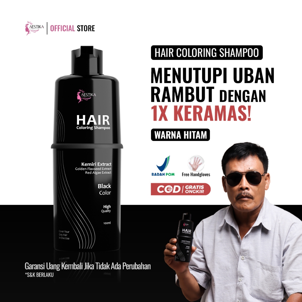 Aestika Hair Coloring Shampoo (Black) - Shampo Penutup Uban dalam 1x Keramas (Bpom)