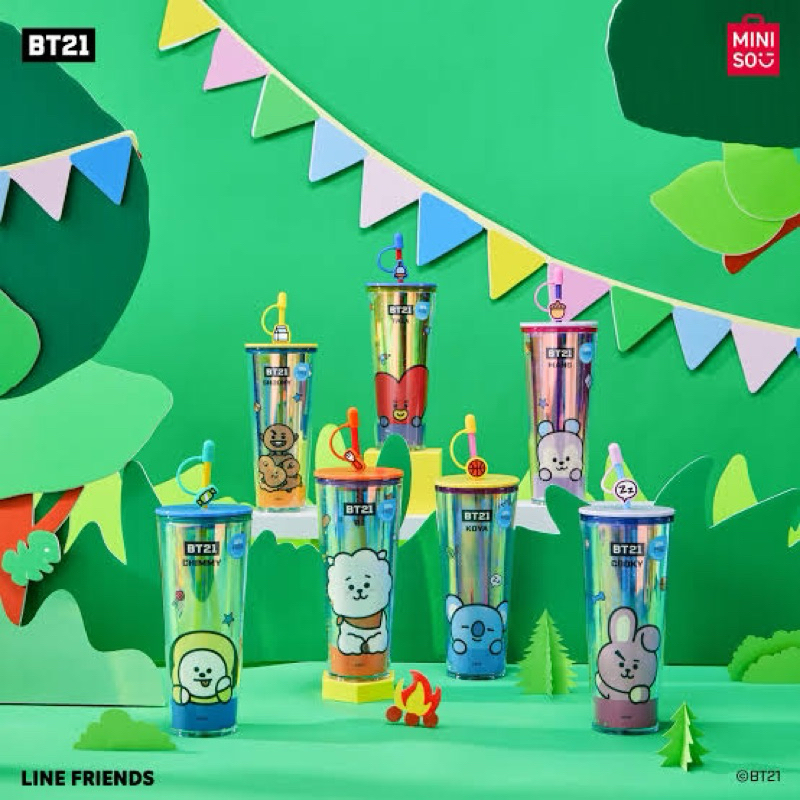 Miniso Glass Tumbler BT21 BTS 800ml with straw / Gelas tumbler botol minum cangkir BTs