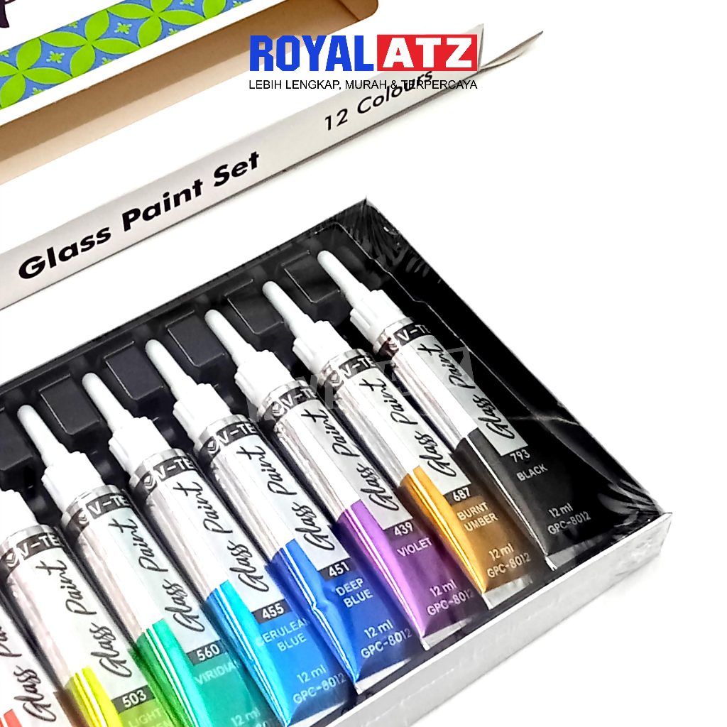 

V-TEC Paint Colour Fabric, Glass, Leather Set Isi 12 Warna x 12ml (Kain, Kaca & Kulit)