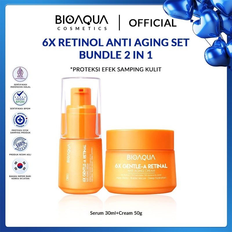 BPOM Bioaqua Cosmetics 6X Gentle-A Retinol Anti Aging Skincare Beauty Set Toner+Serum+Cream+Mask nig