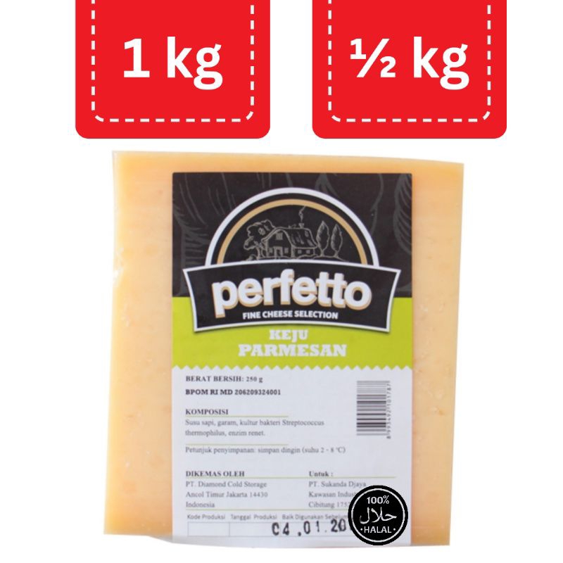 

PARMESAN PERFETTO KEJU TUA KEMASAN REPACK 500GR PENGGANTI EDAM ENAK UNTUK PIZZA PASTA KUE KERING KASTENGEL REAL CHEESE