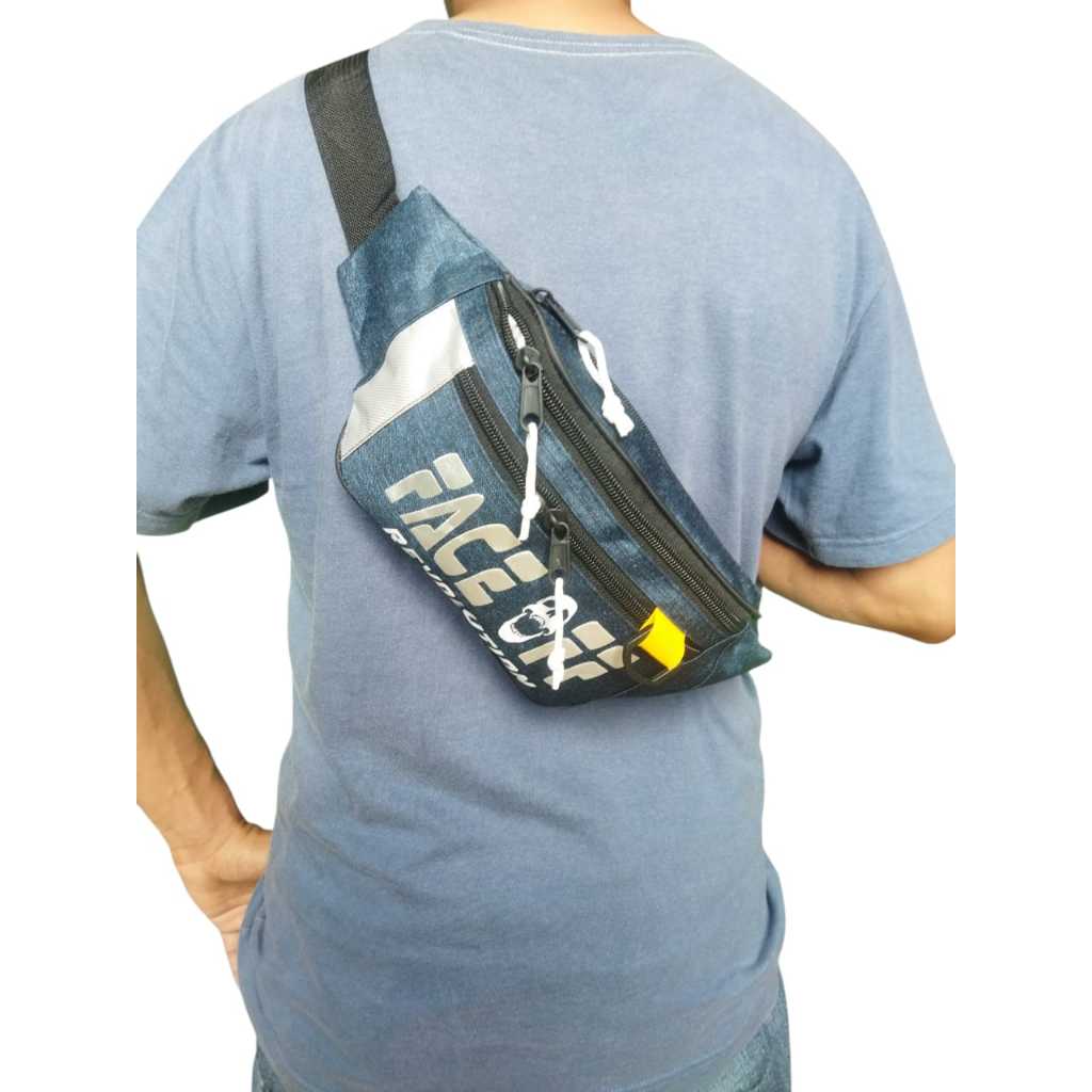 TERBARU TAS SELEMPANG PRIA MODEL WAITSBAG BAHAN DENIM SABLON  FACE OFF / TAS PINGGANG
