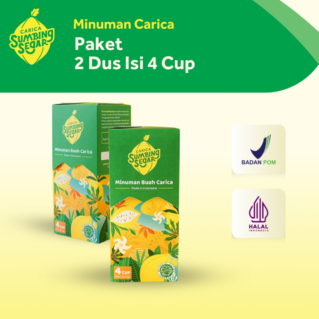 

Minuman Carica Khas Wonosobo Paket 2 Dus isi 4 Cup 120 gram Sudah BPOM dan Halal