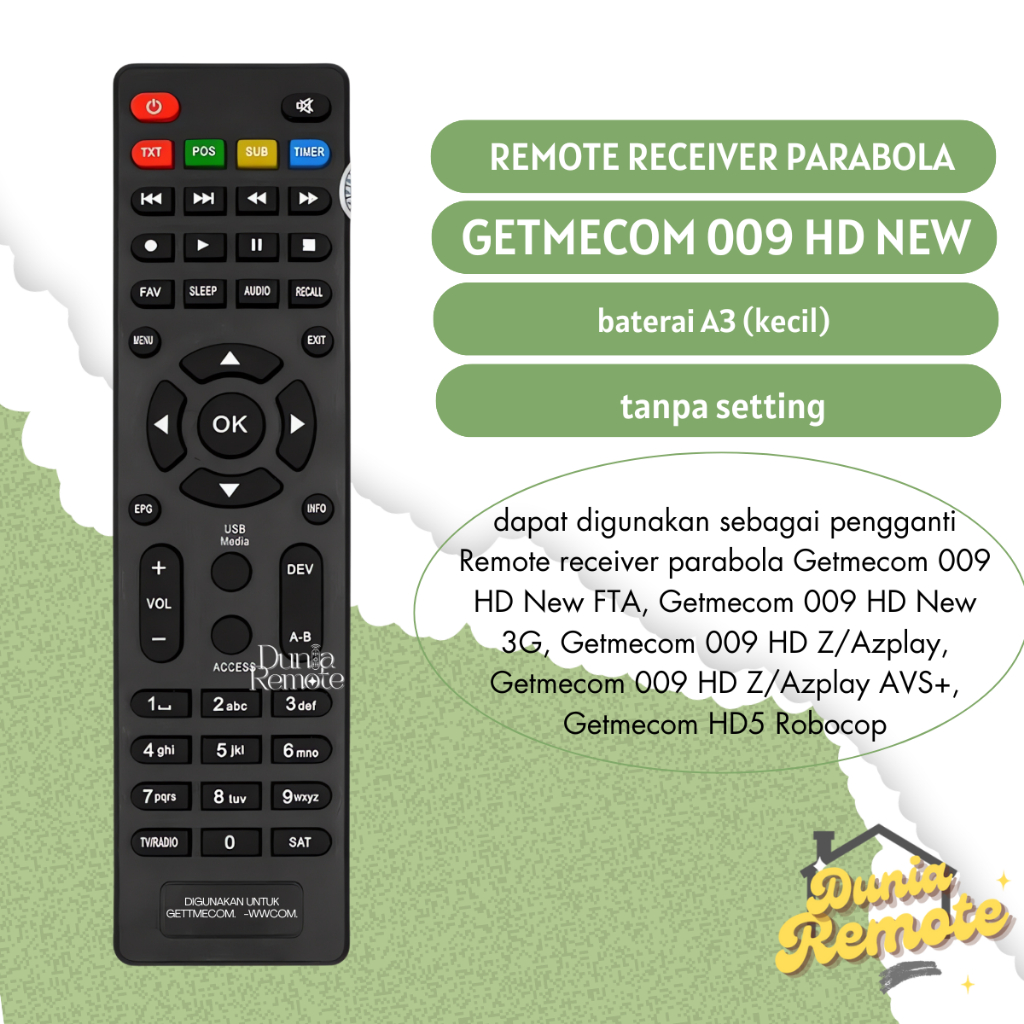 Remot Remote Receiver Parabola Getmecom 009 HD New FTA / New 3G / Z/Azplay / AVS+ / HD5 Robocop / NE