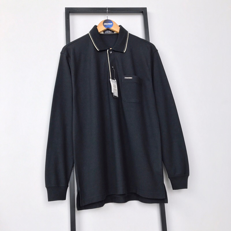 L FIRST DOWN Polo Shirt Dry Fit Kaos Kerah Lengan Panjang Hitam Polos