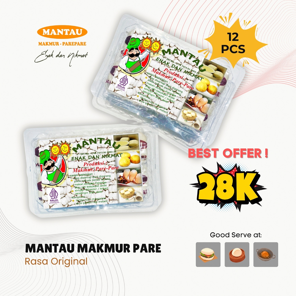 

Mantau Pare/roti mantau/ roti mantou/ Mantau Makmur Parepare/Roti Mantau Pare pare Khas Produksi Makmur kemasan Plastik Mika 12 pcs