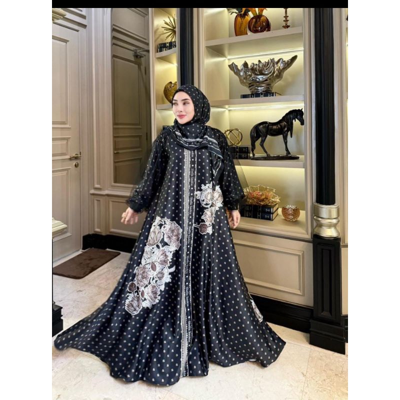 Oneset dress monogram SS Hitam lengan tile mewah