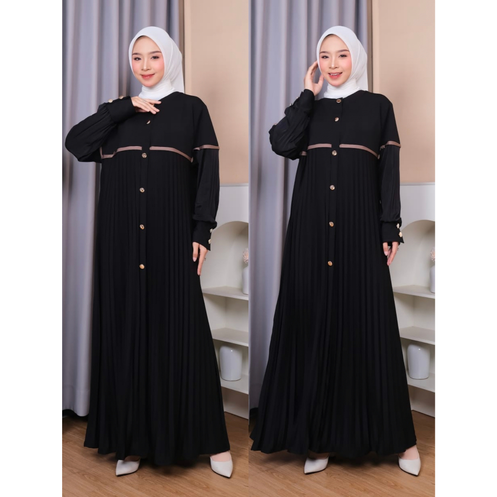 Fashion gamis bahan jersey plisket kombinasi knit pareasi kancing gamis terbaru kekinian