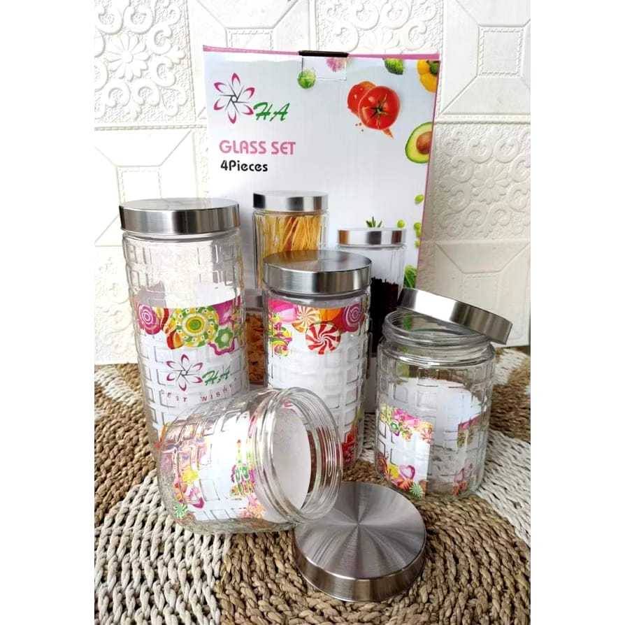 Toples Canister HA 4 Pcs KECIL Bahan Kaca Super Tebal Toples Motif Kristal Tutup Stainless Tempat Pe