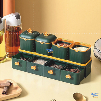 Kotak Tempat Penyimpan Bubuk Bumbu Dapur Set Rak Rakk Toples Susun Plastik 4 Sekat