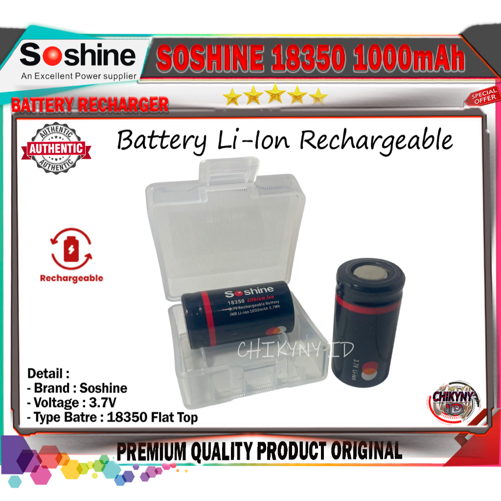BATTERY SOSHINE 18350 1000mAh BATRE Li-Ion RECHARGEABLE ORIGINAL