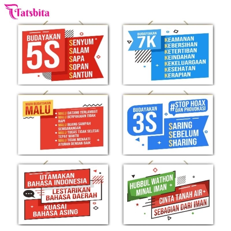 TATSBITA Pajangan Hiasan Dinding Dekorasi Wall Decor Budayakan Malu, 5S, 7K, 3S, Bahasa, Cinta Tanah