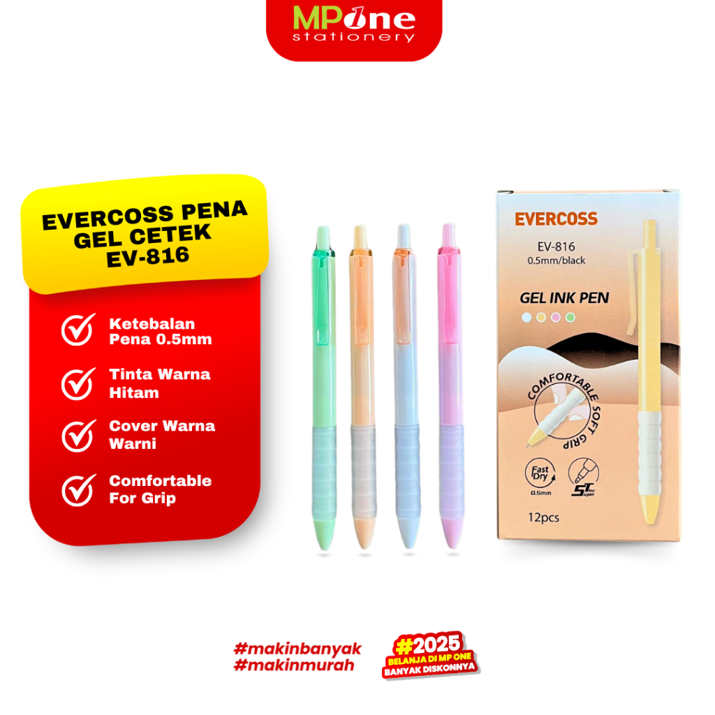 

(1 KOTAK) Evercoss Pena Gel Cetek 0.5mm EV-816 Tinta Hitam / Pulpen Gel Cover Warna Warni Eercoss EV-816