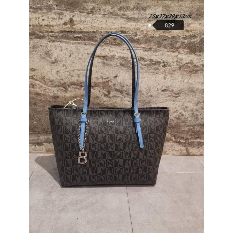 Tote bag mono hitam tali biru Bonia ori