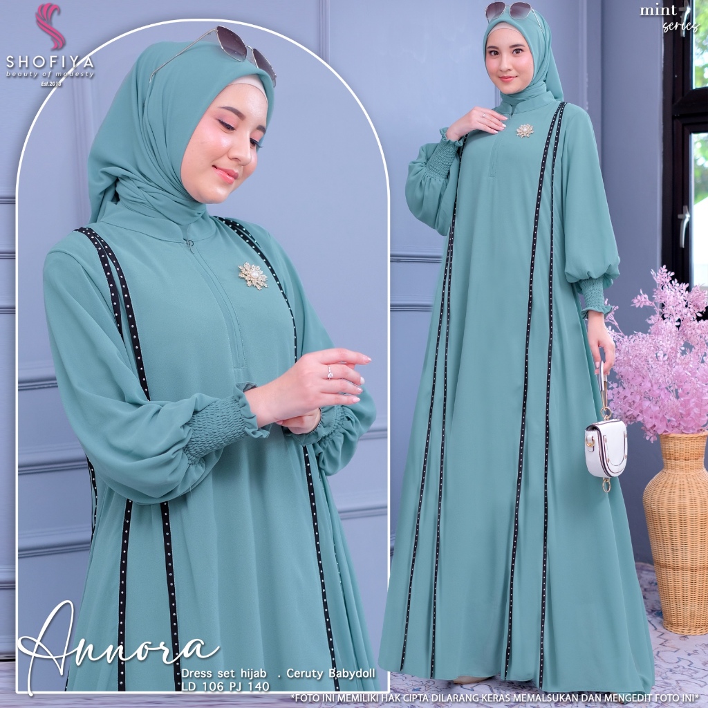 Gamis Set Hijab Annora Shofiya Bahan Ceruty Babydoll Ld 106 Pb 138