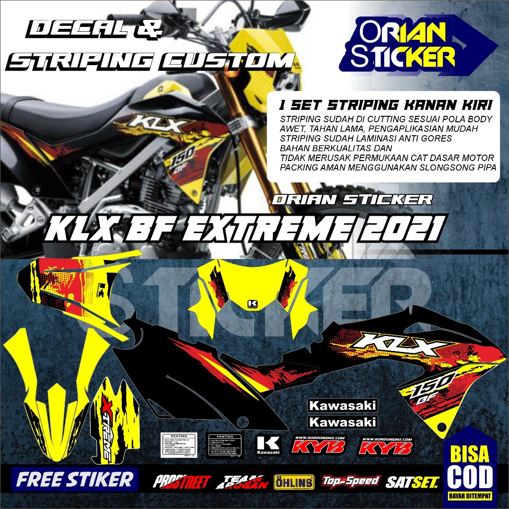 striping ori klx bf extrime 2021 kuning merah, stripping klx bf 2014 merah hitam