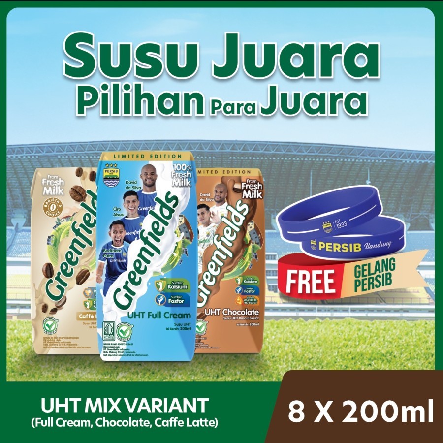 

[Bundling 8 Pcs] Susu Greenfields UHT Persib Mix Variant 200ml FREE Gelang Persib