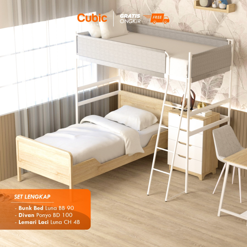 Cubic Set Kamar 3 / Ranjang Tingkat Besi + Dipan + Lemari Laci / LUNA BB 90