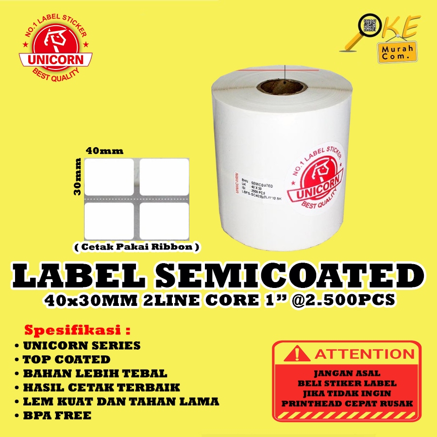 

Stiker Label Barcode Semicoated 40x30 mm / 40x30mm / 4x3cm 2Line 1" isi 2.500pcs