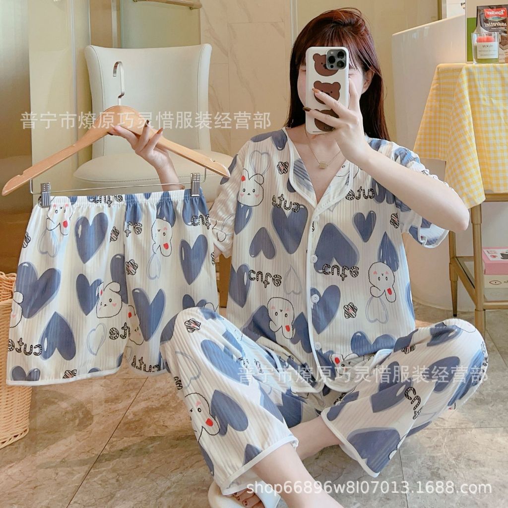 setelan piyama bahan adem motif coquette 3 pcs