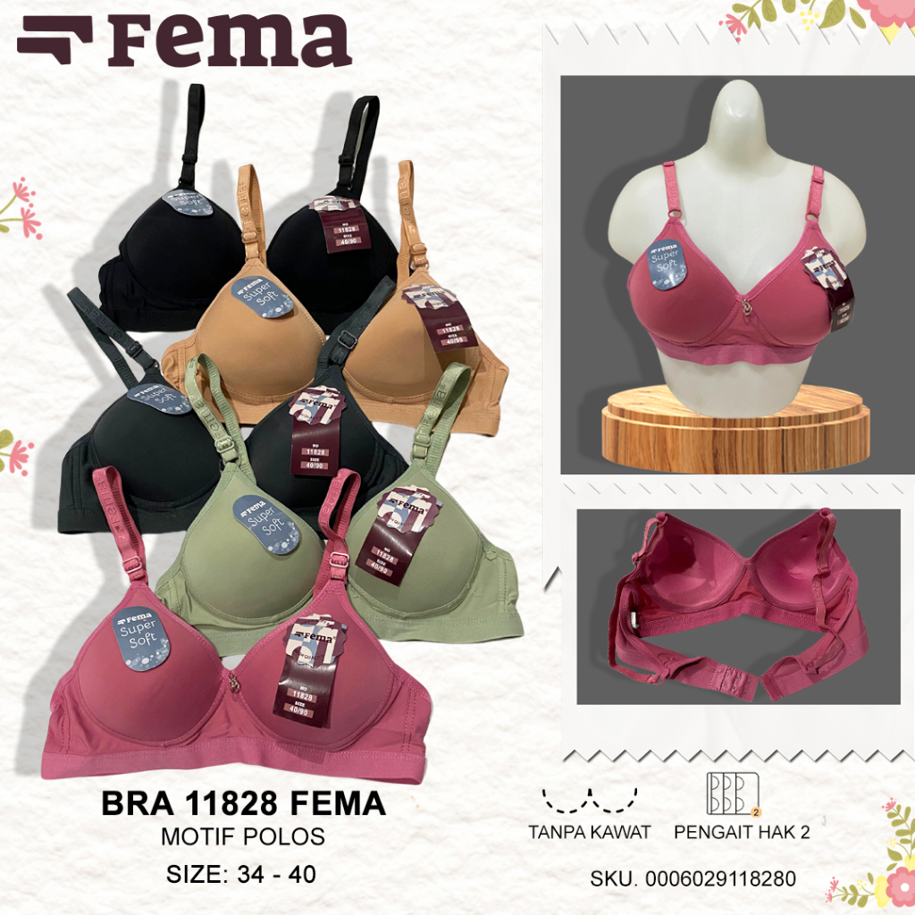 FEMA Official Shop Ecer 1 pcs Bh Bra 11828 Pengait 3 Polos Tanpa Kawat Cup Kecil