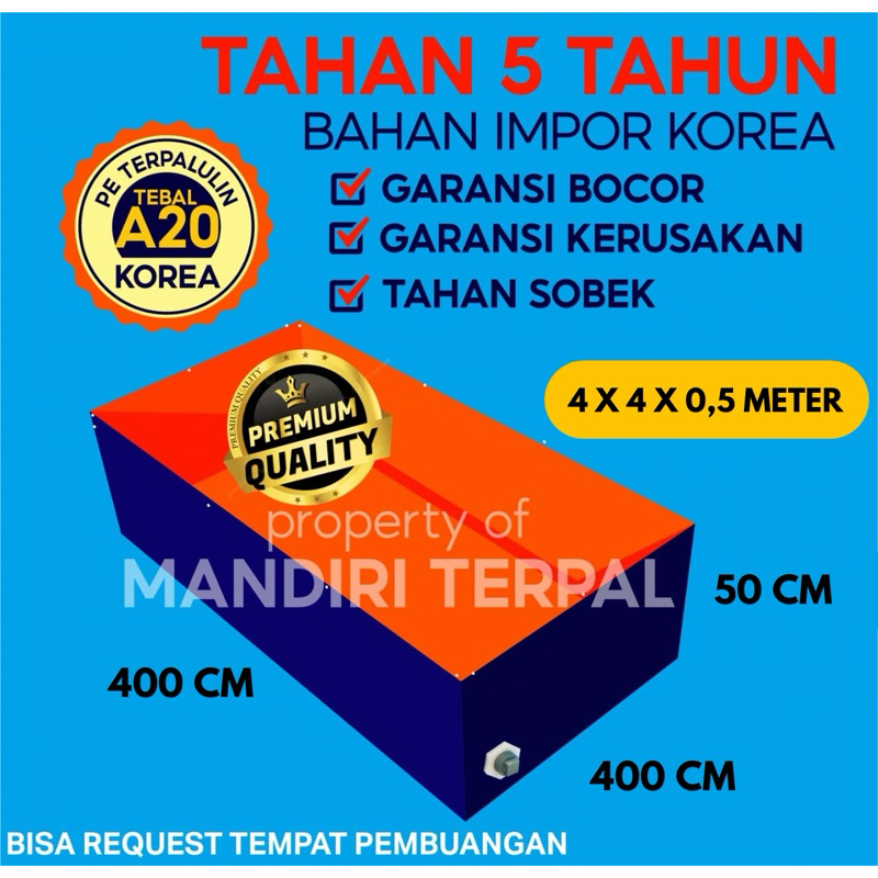 Terpal Kolam Jumbo bahan tebal A20 Kotak 400x400x50 cm -  Kolam Ikan kotak Bahan Tebal Cocok Buat Bu