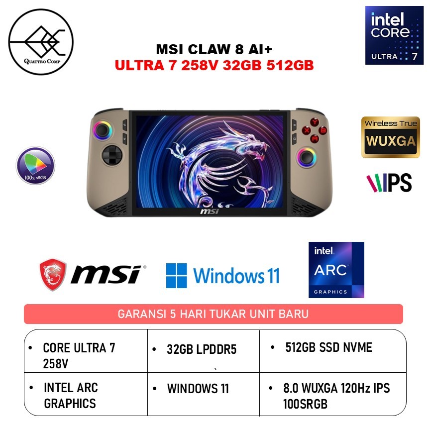 MSI CLAW 8 AI+ ULTRA 7 258V 32GB 512GB W11 8.0 WUXGA 120HZ IPS 100SRGB -A2VM.012