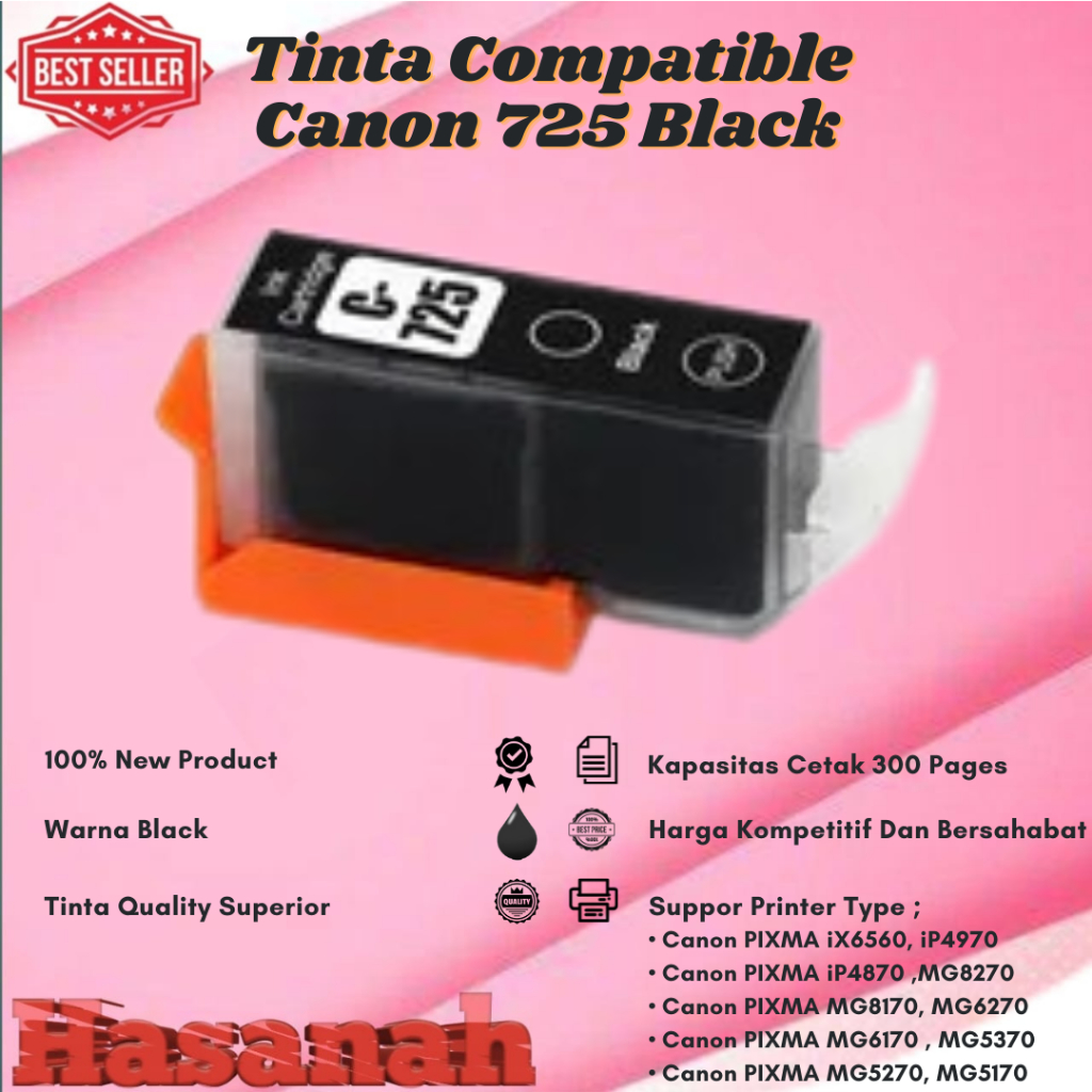 Tinta Catridge Compatible Canon PGBK 725 Black For Printer Canon PIXMA iX6560, PIXMA iP4970 ,PIXMA i