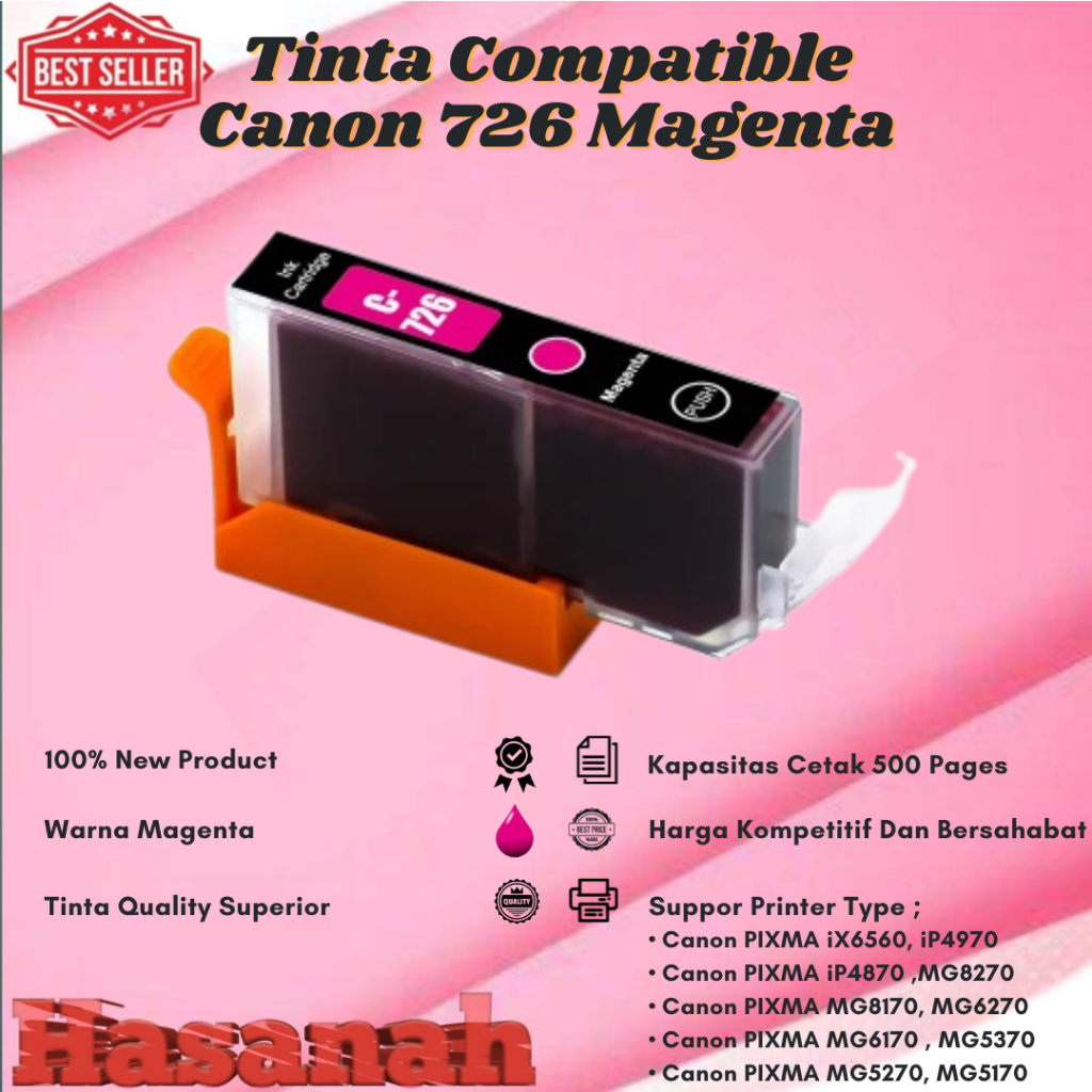Tinta Catridge Compatible Canon 726 Magenta For Printer Canon PIXMA iX6560, PIXMA iP4970 ,PIXMA iP48