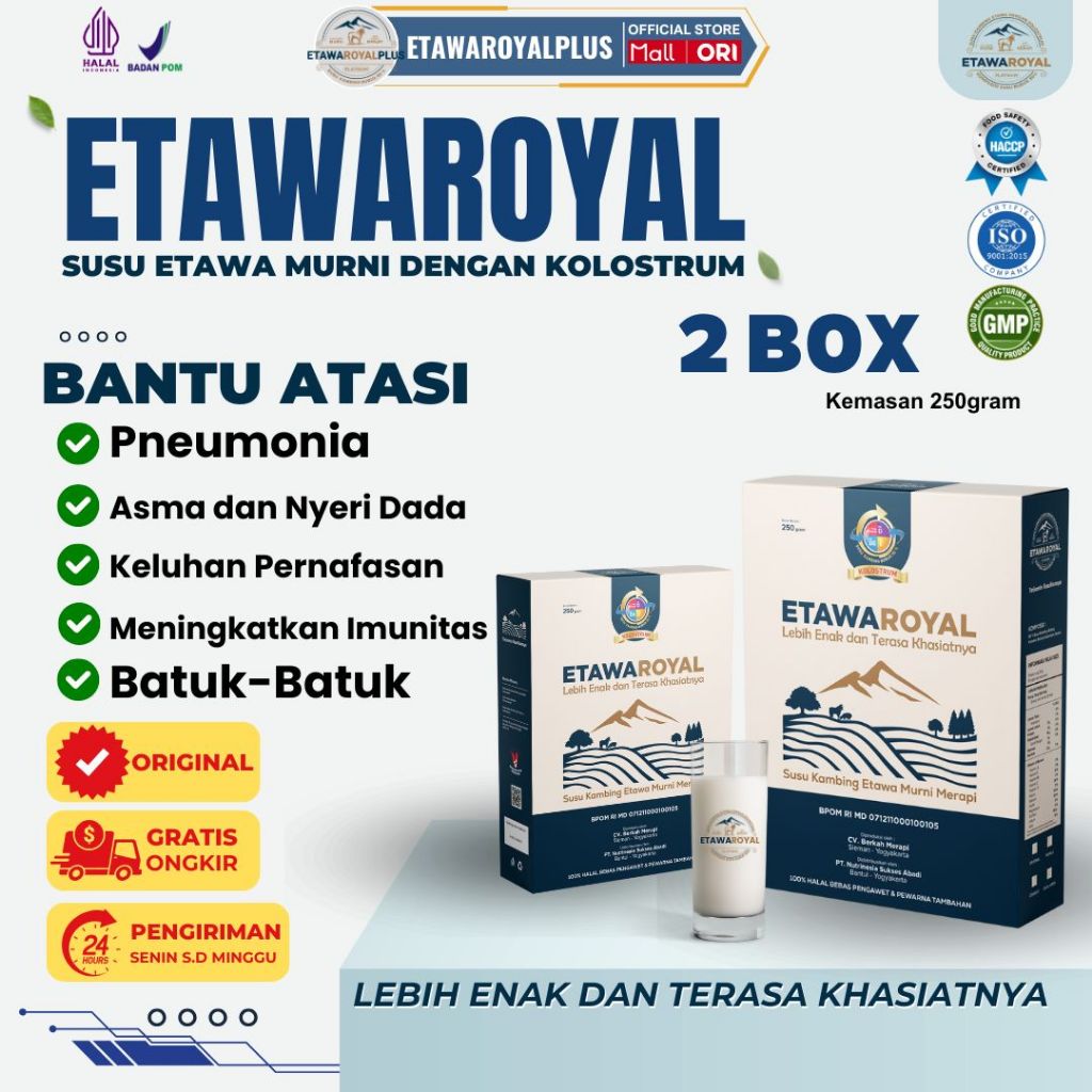 

ETAWAROYAL Platinum Perubahan merk Etawaplus Platinum [Resmi BPOM] PAKET 2 Box - Susu Etawa Kolostrum Untuk Sesak Nafas - Susu Therapy Tulang dan Pernafasan - Bukan Susu Etawaku - Bukan Etawalin - Susu Etawa Bagus Untuk Sesak Nafas