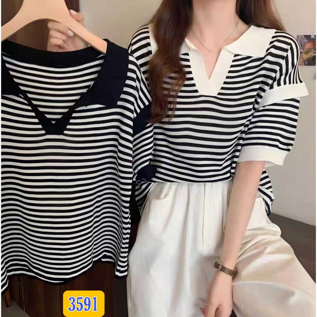 Yennyfashionshop/Blouse Pendek Salur Krah 3591/Atasan Wanita Rajut  Pakaian Rajut Import  Baju Ootd