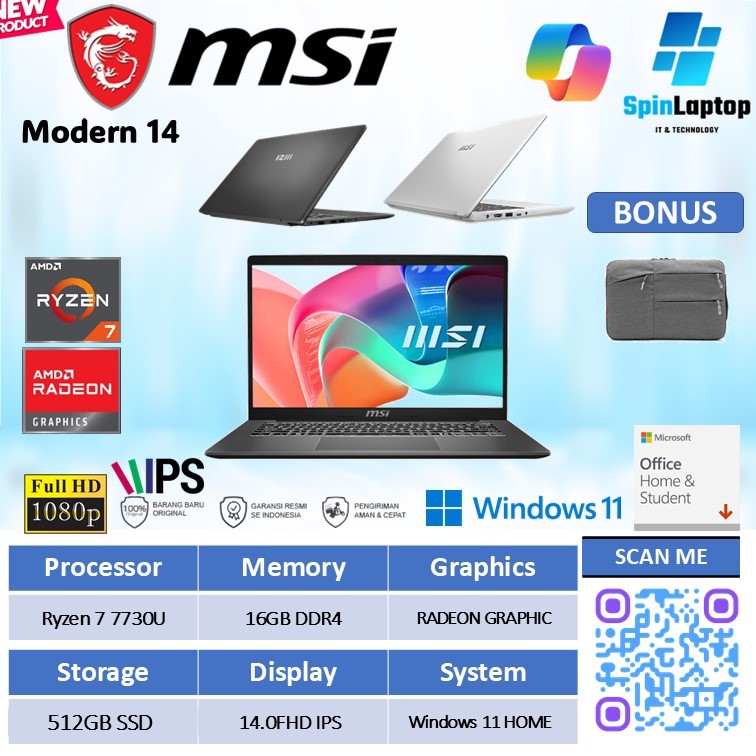 laptop MSI modern 14 ryzen 7 7730 Ram 16GB ssd 512GB baru garansi resmi