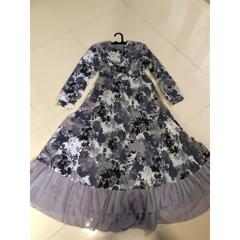 preloved gamis hitam putih motif bunga