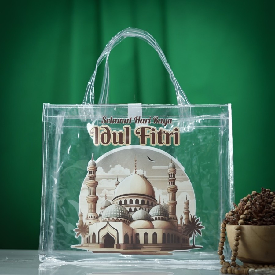 

( 10 Pcs )Tas Jinjing Paperbag Transparan Motif Masjid Edisi Selamat Hari Raya Idul Fitri Ukuran 25x30x13 Cm Tebal 0.3 Mm