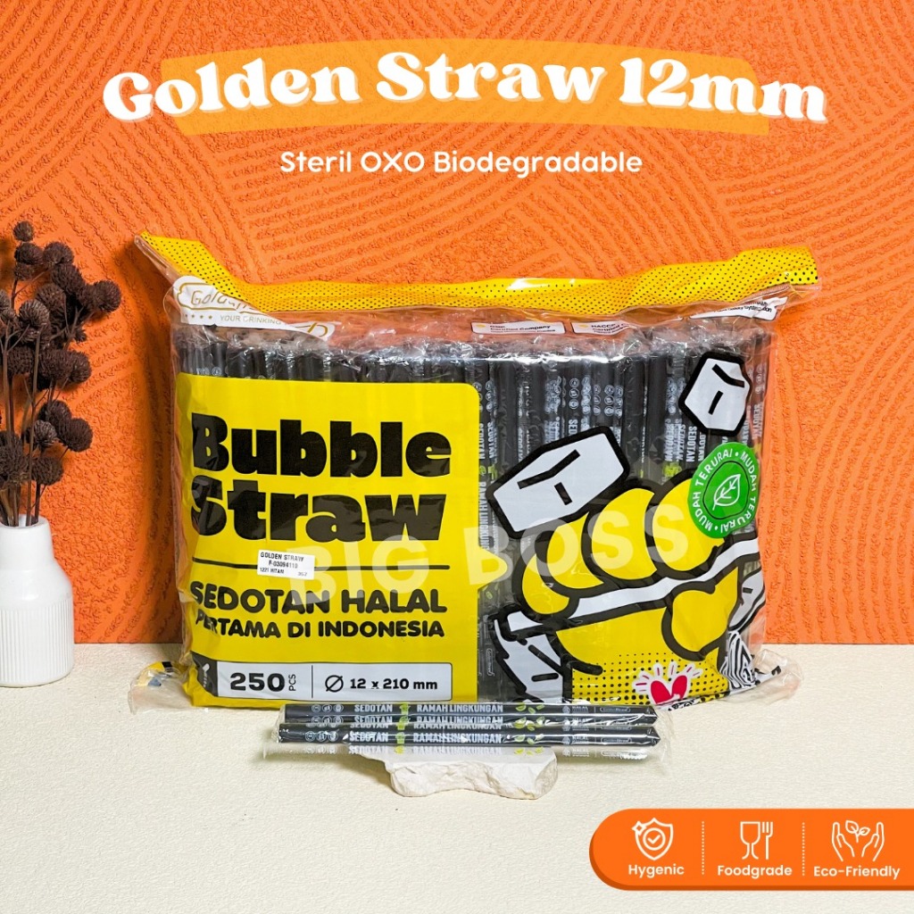 Sedotan Boba Plastik 12mm Hitam STERIL Higienis Golden Straw OXO Bungkus Plastik / Sedotan Bubble