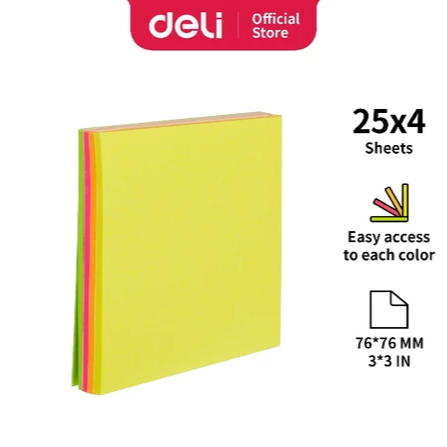 

Deli Memo tempel - Note Pad 76×76mm 3''x3" 4 warna 100 sheet perekat kuat dan tahan lama EA02002