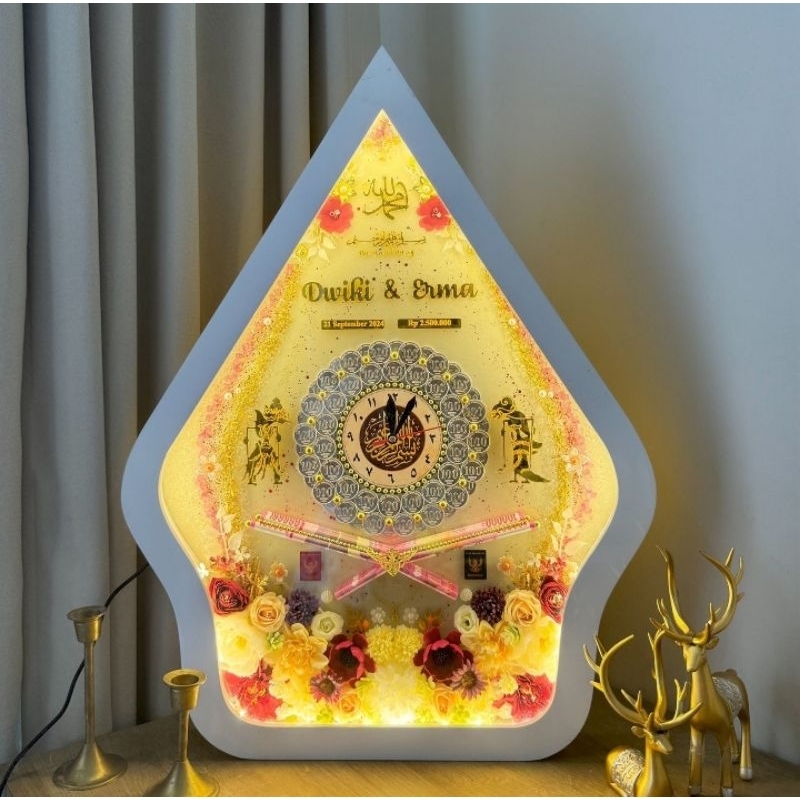 Mahar Gunungan Wayang Koin Ressin Akrilik, Mahar Pernikahan Premium, Mahar Gunungan Wayang Jam Koin 