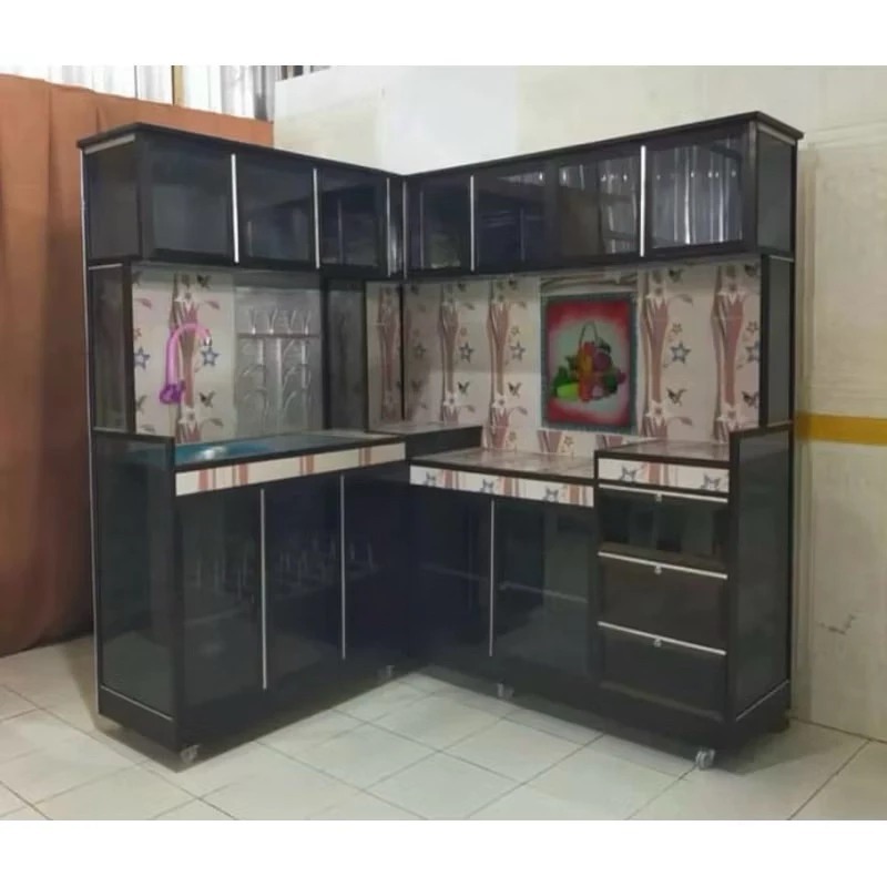 kitchen set litter L + laci/rak piring/rak piring anti karat/lemari dapur/rak dapur/kitchen set alum