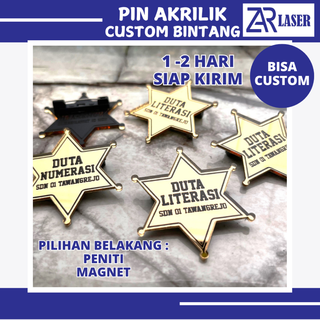 Pin bros akrilik custom bintang 5 cm literasi / penghargaan / logo / koboi