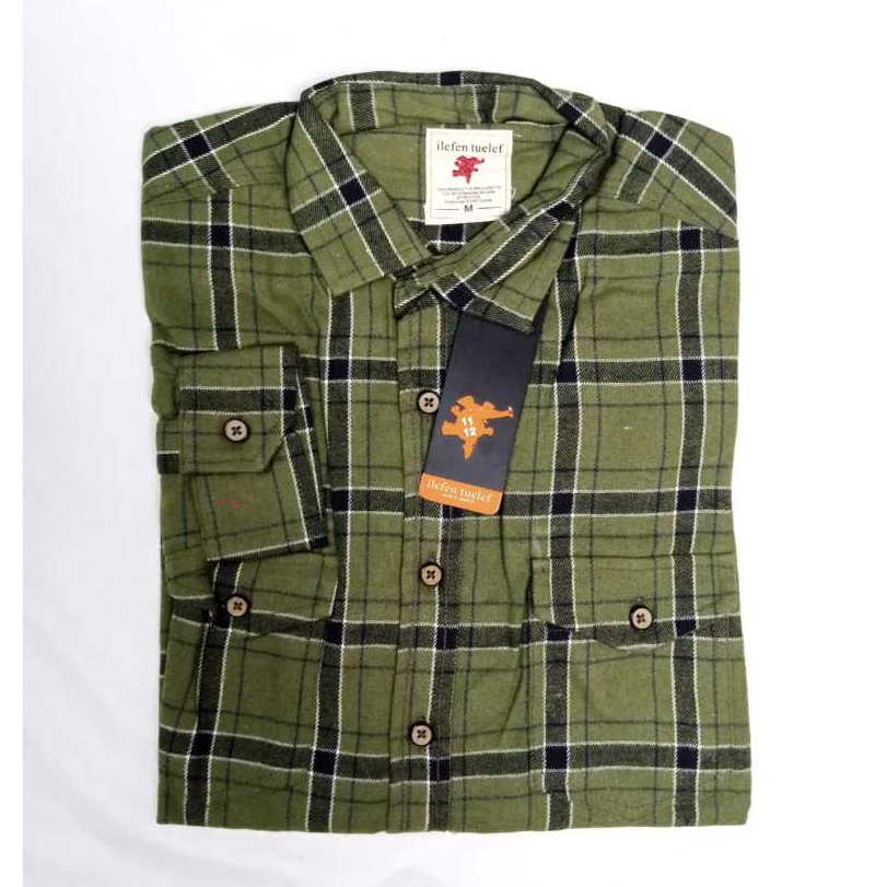 Kemeja Flanel Pria Lengan Panjang Slimfit | Ilefen Tuelef Green Kotak-Kotak 003