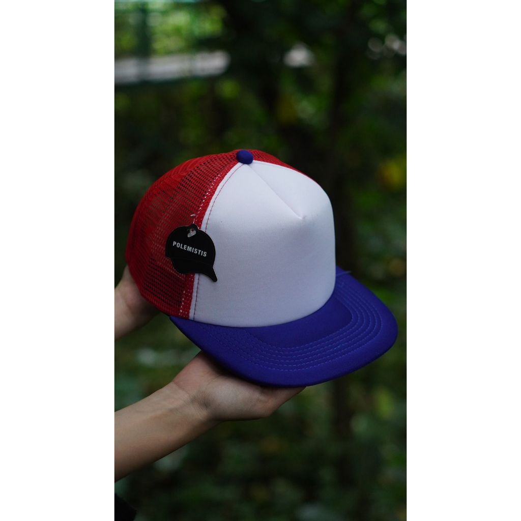 TOPI JARING POLOS DATAR PREMIUM BIRU PUTIH MERAH