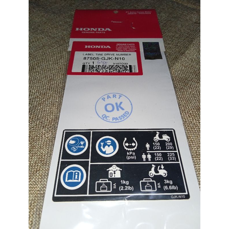 Stiker Sticker Striping Label Tire Drive Number Ban tekanan ban Honda EM1 Motor Listrik original 875